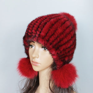 Fashion Women Real mink hat  fox fur ball cap